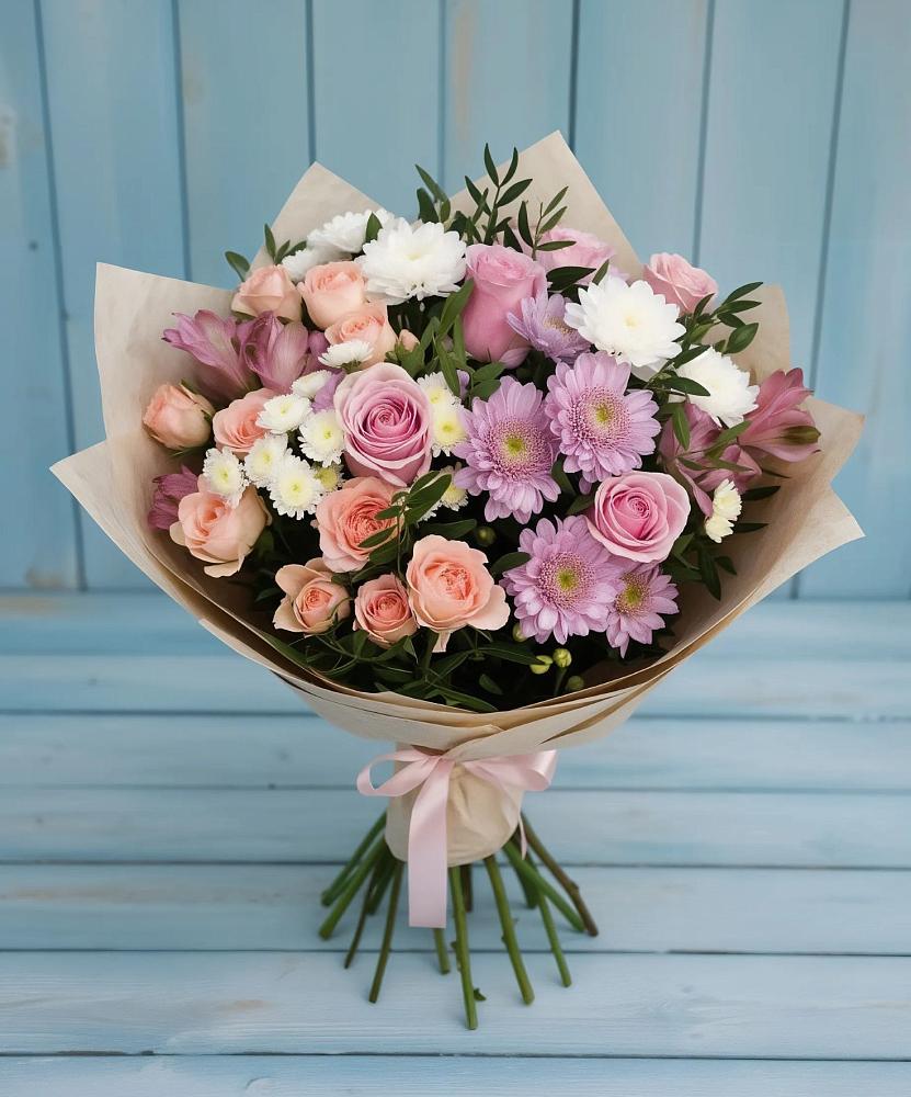 Букет цветов из: Хризантемы, Розы и Альстромерии в Серноводском Ставропольского края
