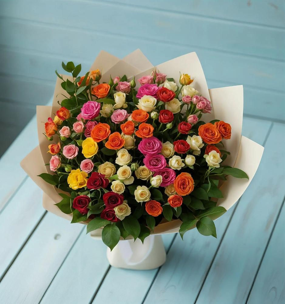 Букет Микс из разноцветных кустовых роз в Серноводском Ставропольского края