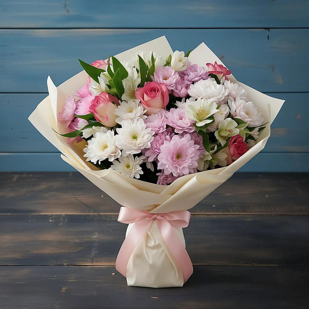 Букет цветов из: Хризантемы, Альстромерии и Розы в Серноводском Ставропольского края